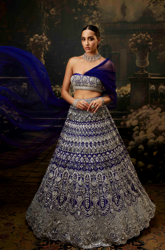Electric Blue Organza Embroidered Lehenga Set