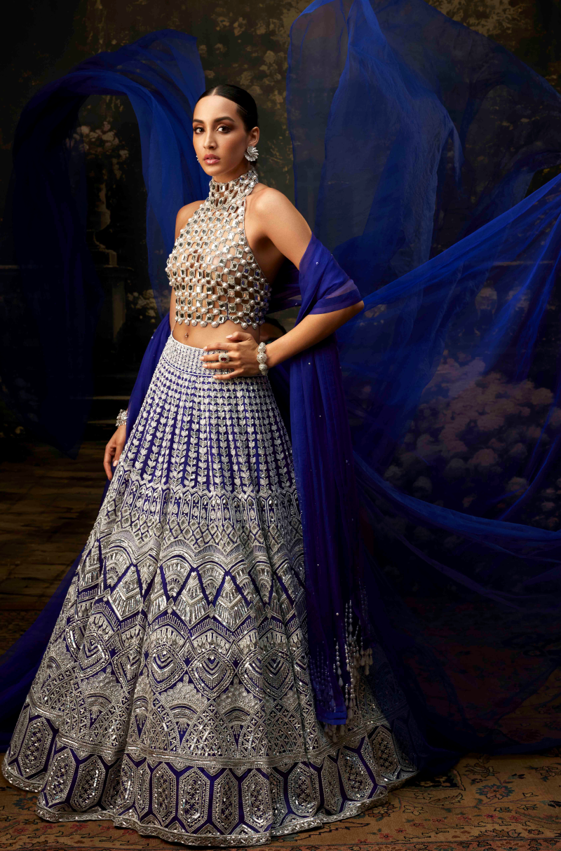 Electric Blue Organza Embroidered Lehenga Set