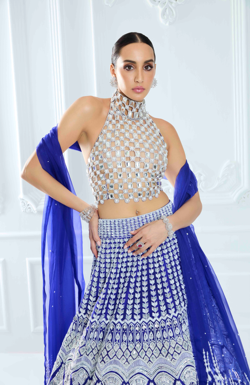 Electric Blue Organza Embroidered Lehenga Set