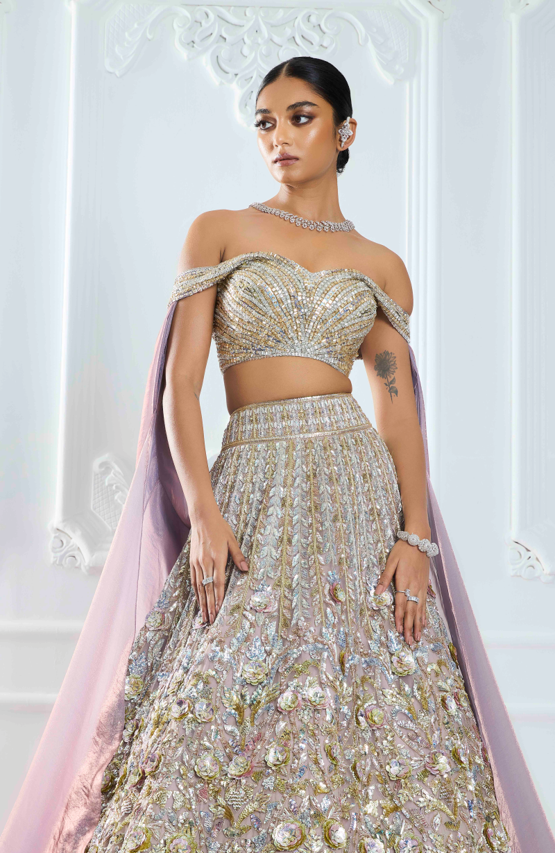 Mauve Organza 3D Flower Sequin Lehenga Set