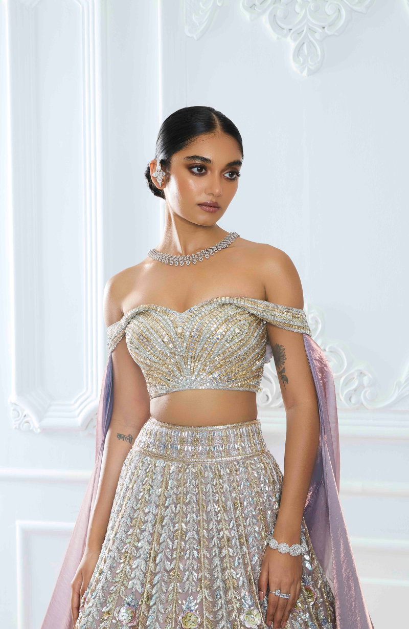 Mauve Organza 3D Flower Sequin Lehenga Set