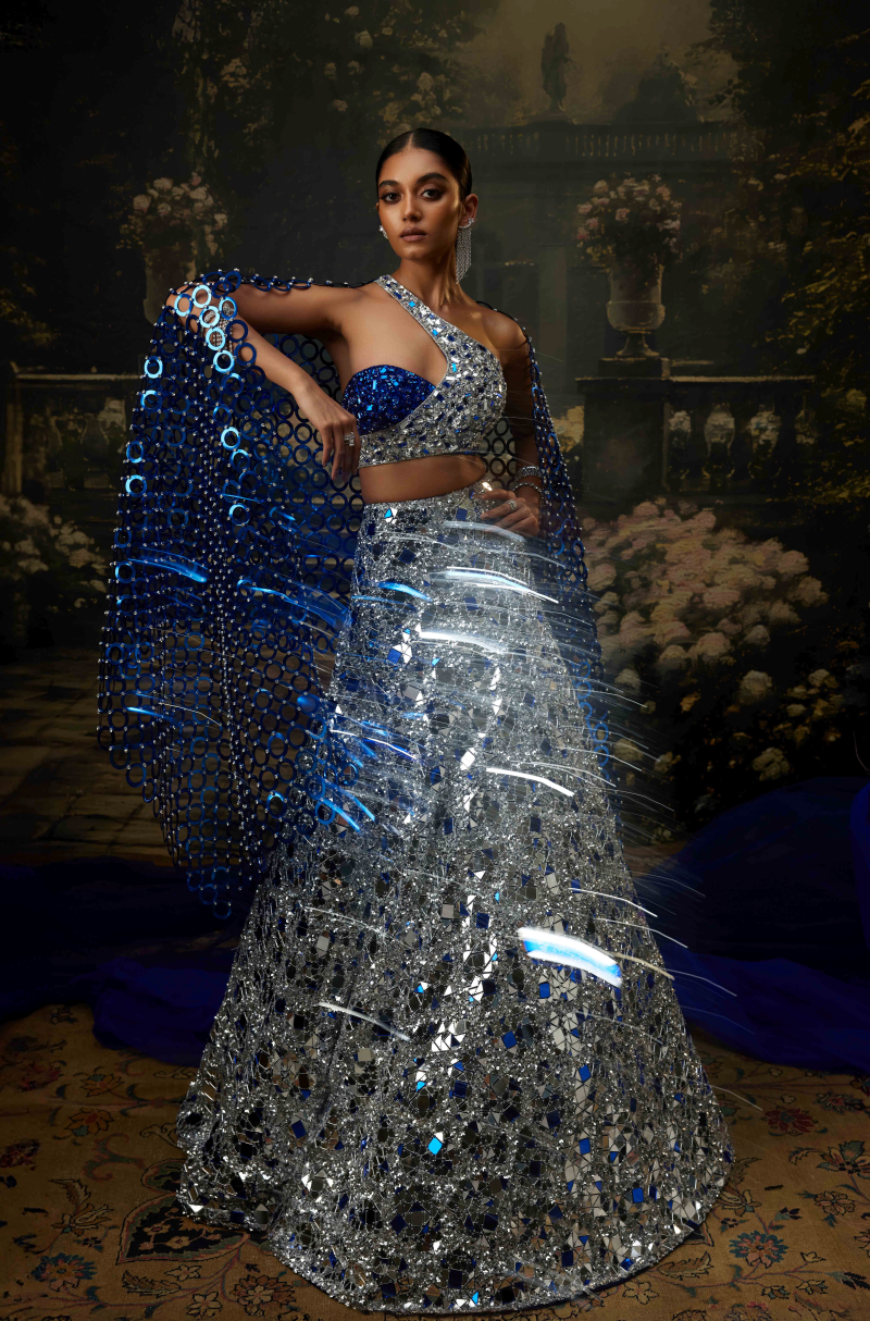 Electric Blue & Silver Acrylic Net Lehenga Set