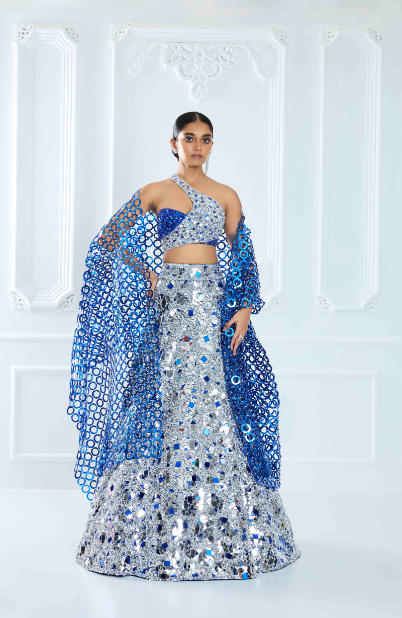 Electric Blue & Silver Acrylic Net Lehenga Set