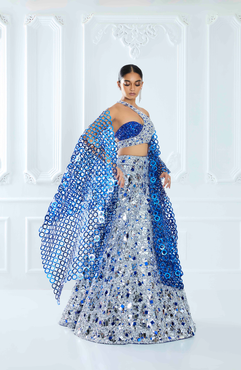 Electric Blue & Silver Acrylic Net Lehenga Set