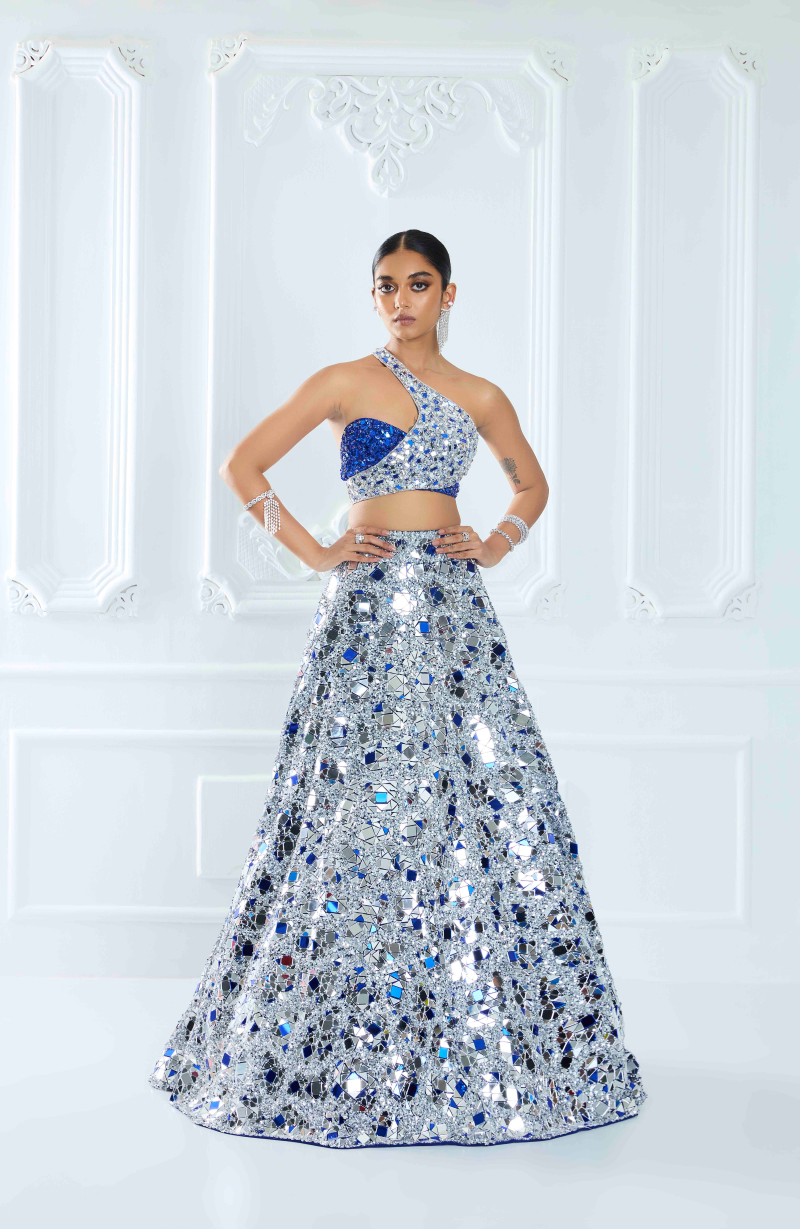 Electric Blue & Silver Acrylic Net Lehenga Set