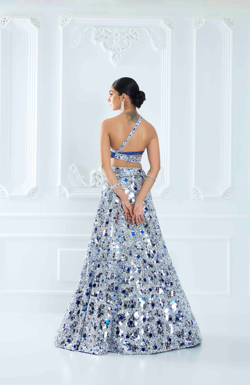 Electric Blue & Silver Acrylic Net Lehenga Set