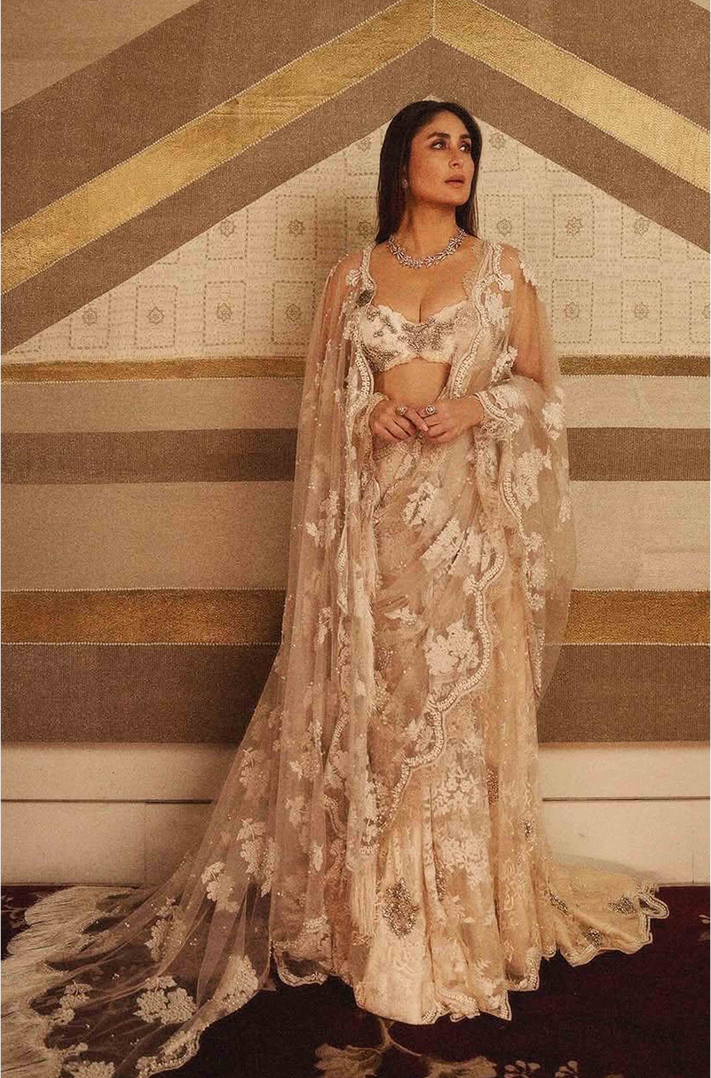 Kareena Kapoor Khan in our Nude Embroidered Draped Saree Set
