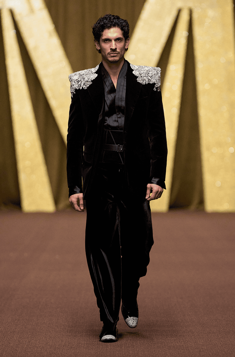 Black Velvet With Silver Shoulder Embroidery Jacket Set