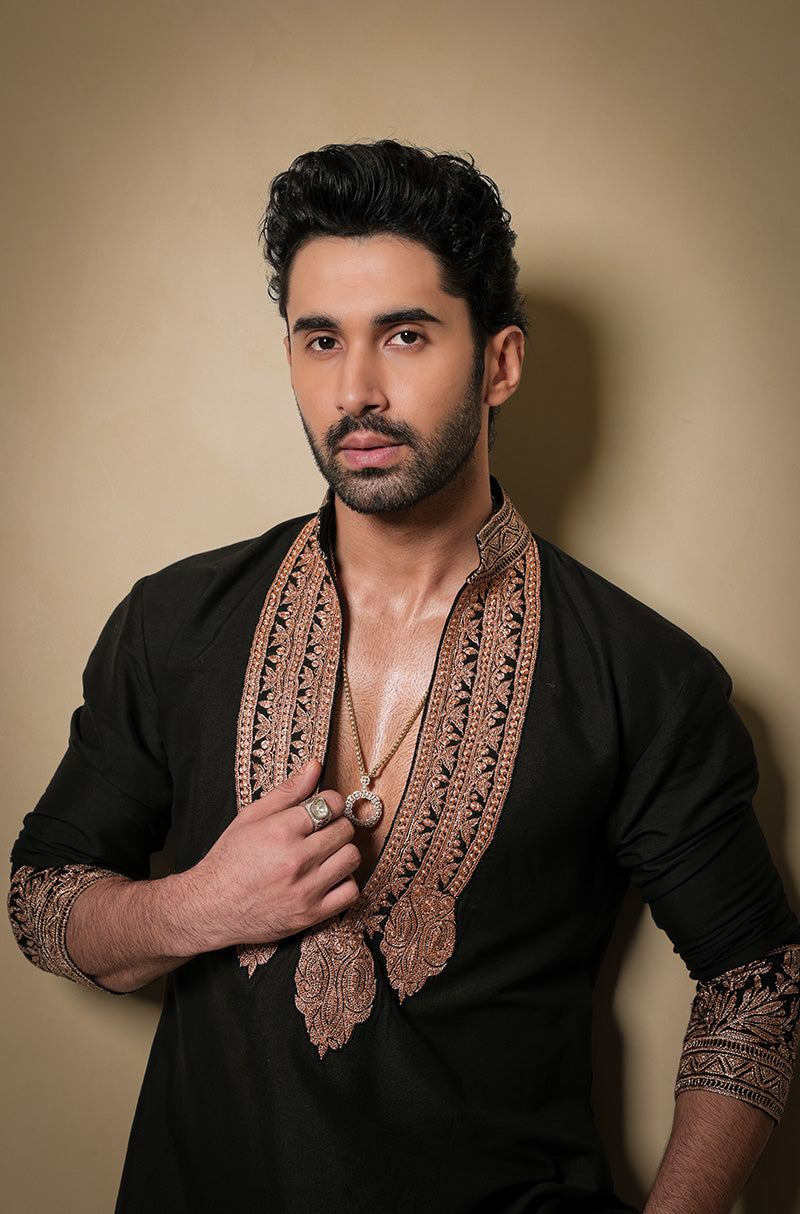 Lakshya Lalwani in our Black & Gold Tilla Placket Kurta Set