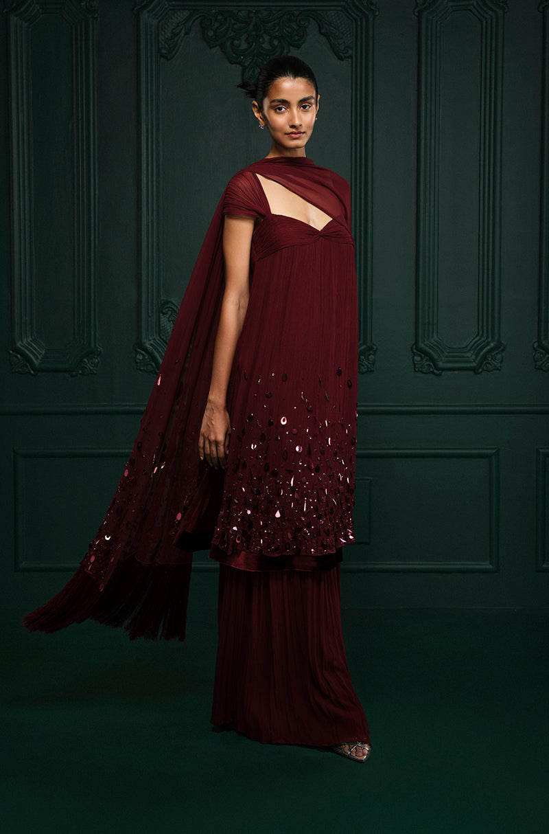 Bordeaux Chiffon Sharara Set