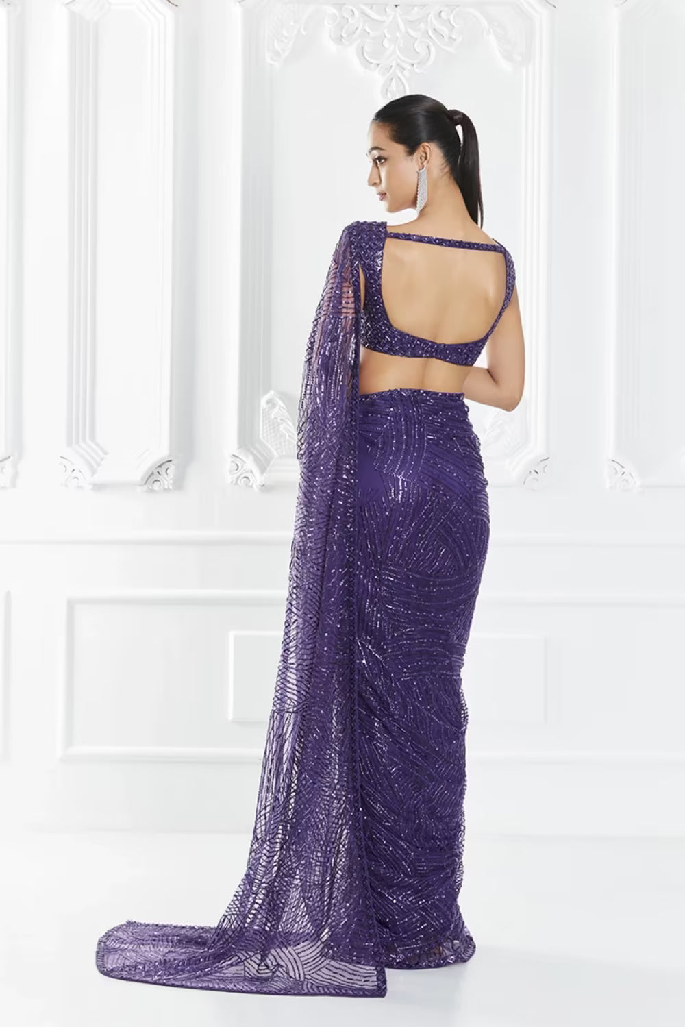 Violet Geometric Embellished Saree Set