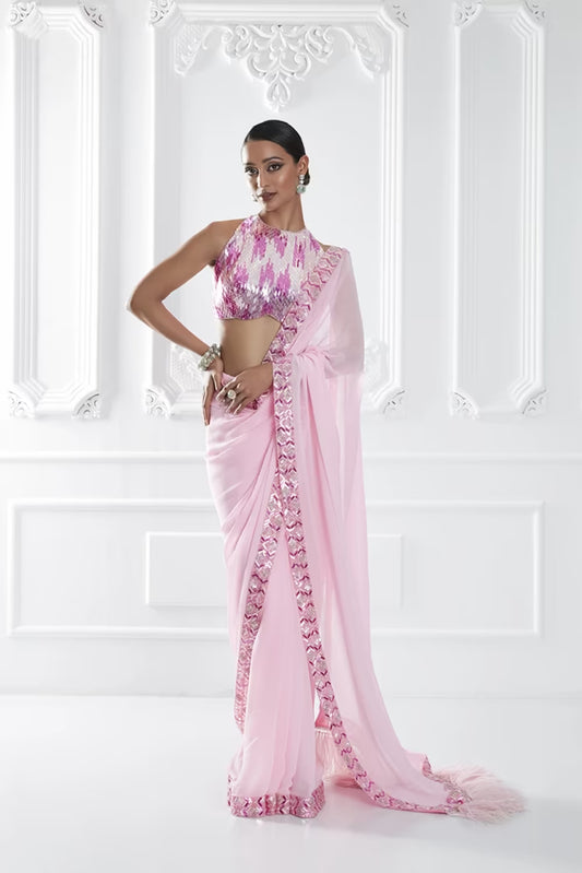 Pink Feather Embellished Saree Set