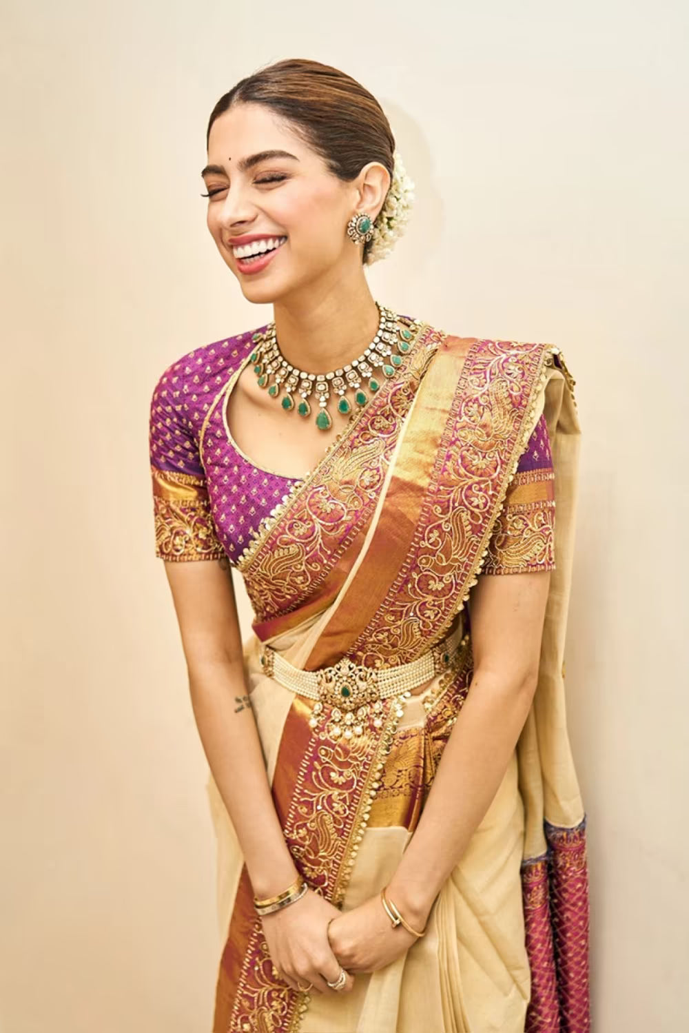 Khushi Kapoor in our Off White And Gold Kerala Saree Set