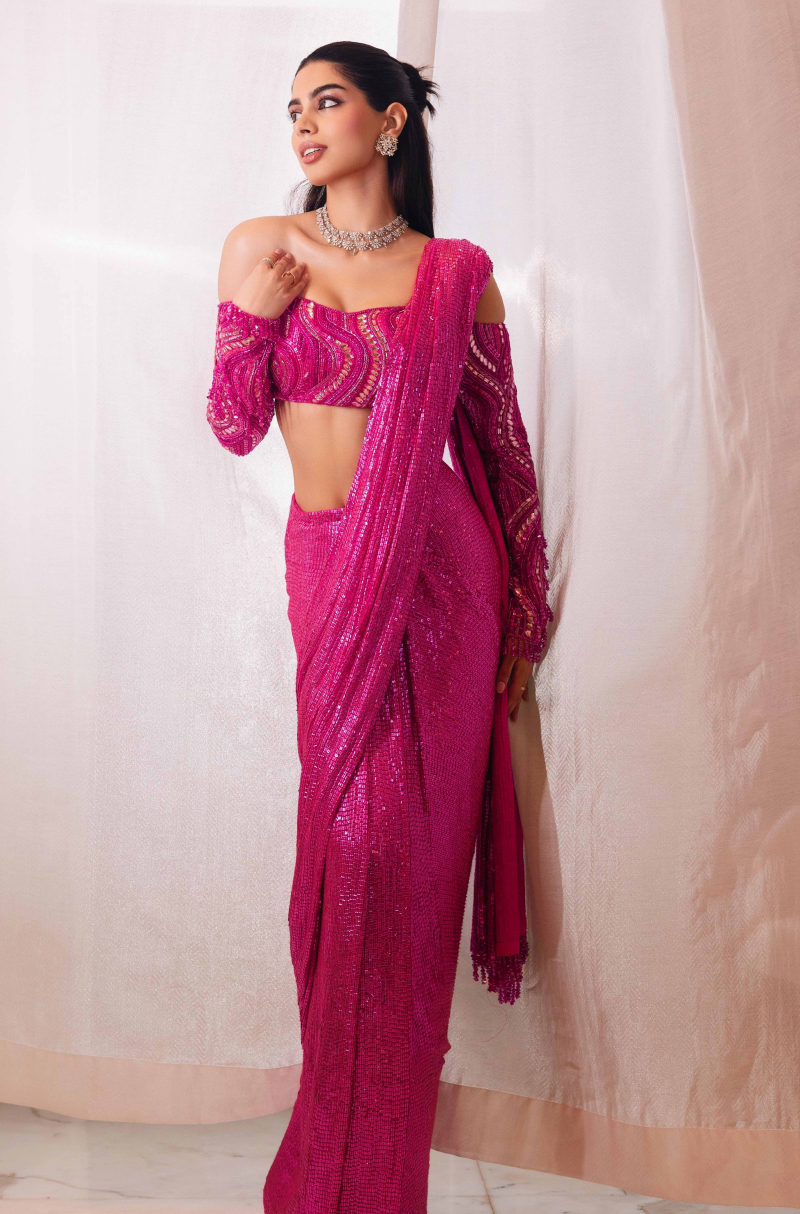 Khushi Kapoor in our Fuchsia Pink Sequin Stitched Saree Set