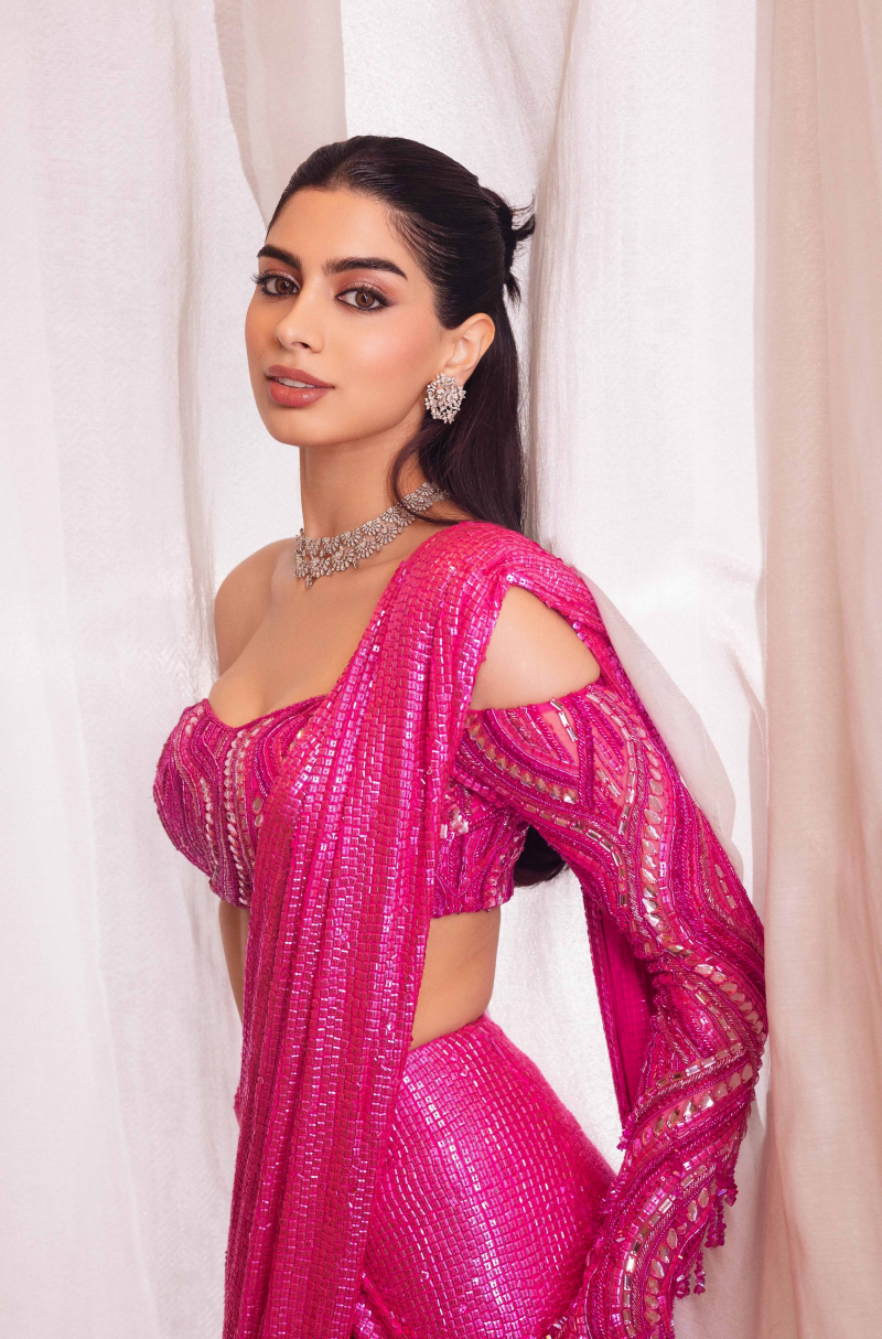 Khushi Kapoor in our Fuchsia Pink Sequin Stitched Saree Set