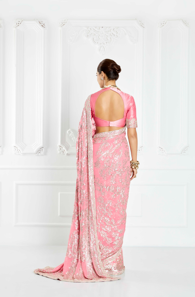 Flamingo Pink Embroidered Saree Set