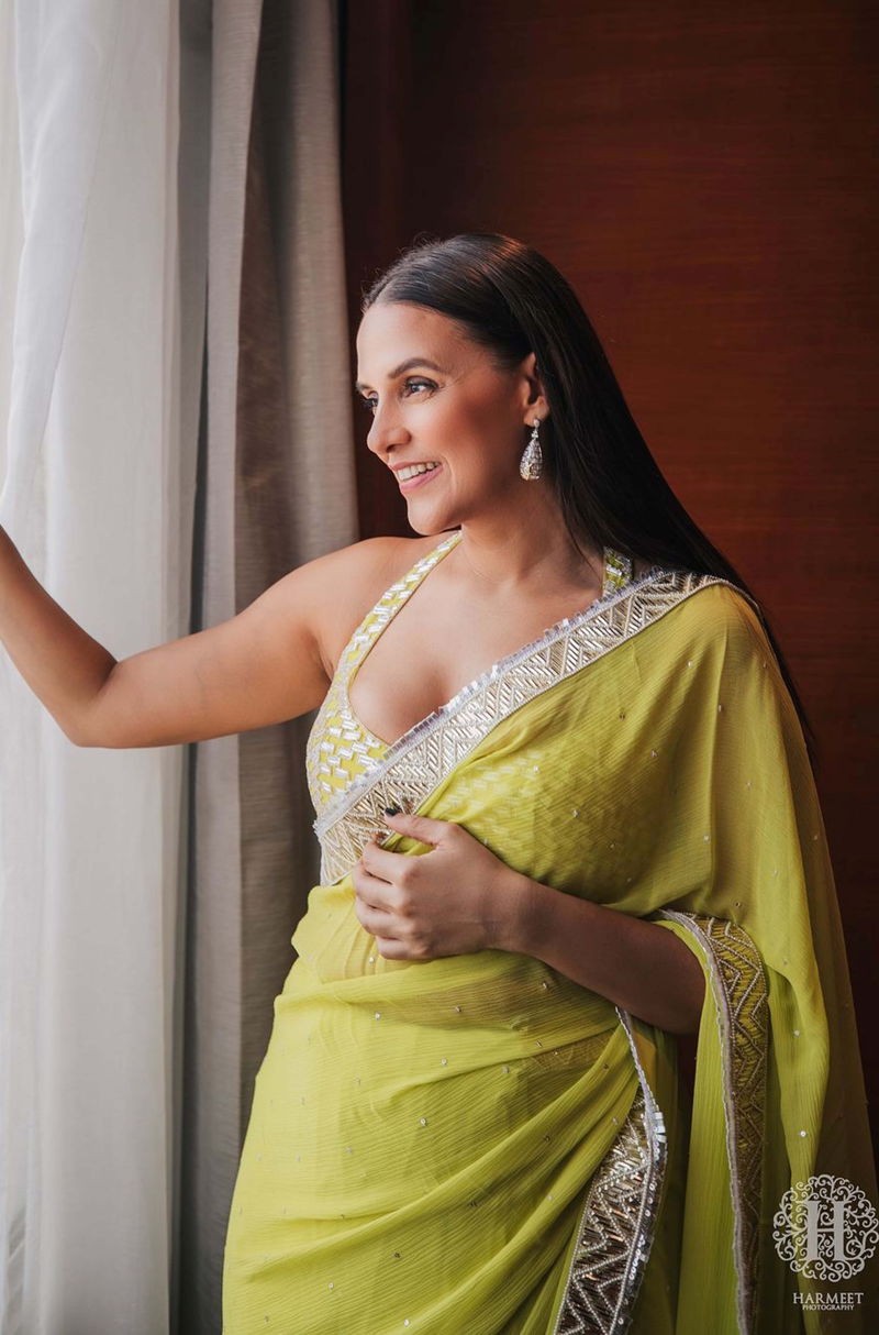 Neha Dhupia in our Lime Green Chiffon Saree Set