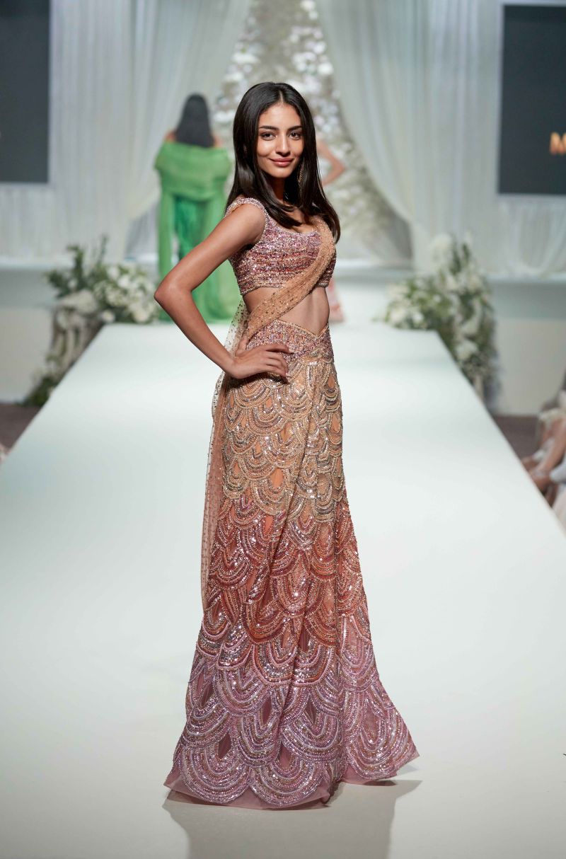 Peach-Orange-Pink Tulle Sequin Lehenga Saree Set