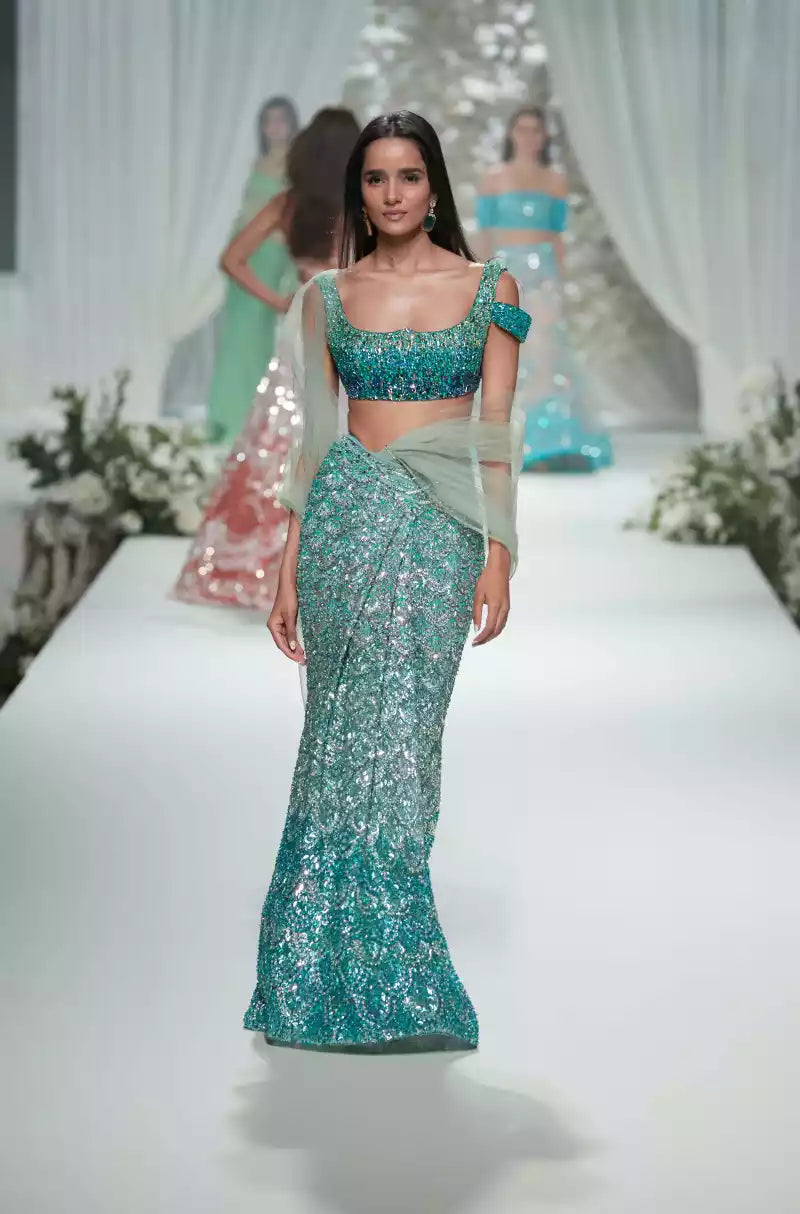Teal Ombre Scallop Embroidered Lehenga Saree Set