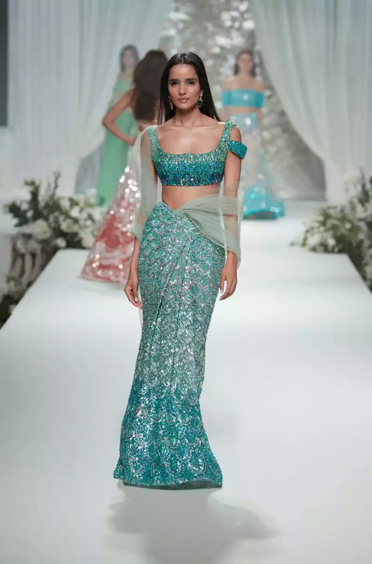 Teal Ombre Scallop Embroidered Lehenga Saree Set