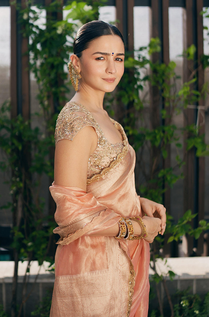 Alia Bhatt in our Peach Tissue Saree Set