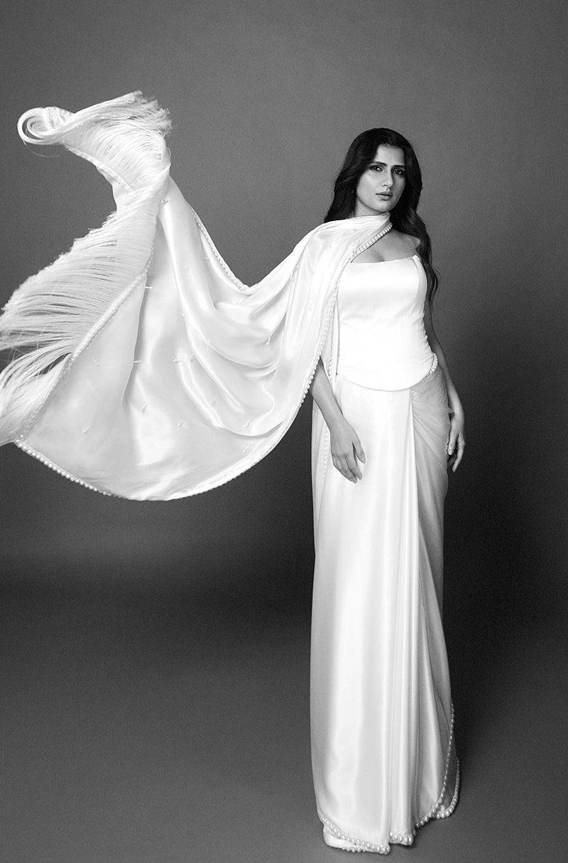 Fatima Sana Shaikh in our White Satin Saree Set