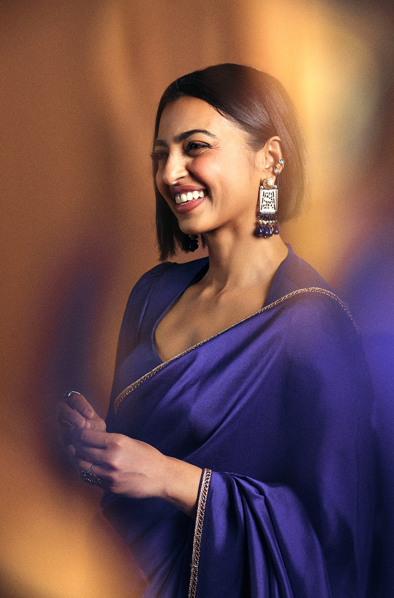 Radhika Apte in our Electric Blue Satin Saree Set