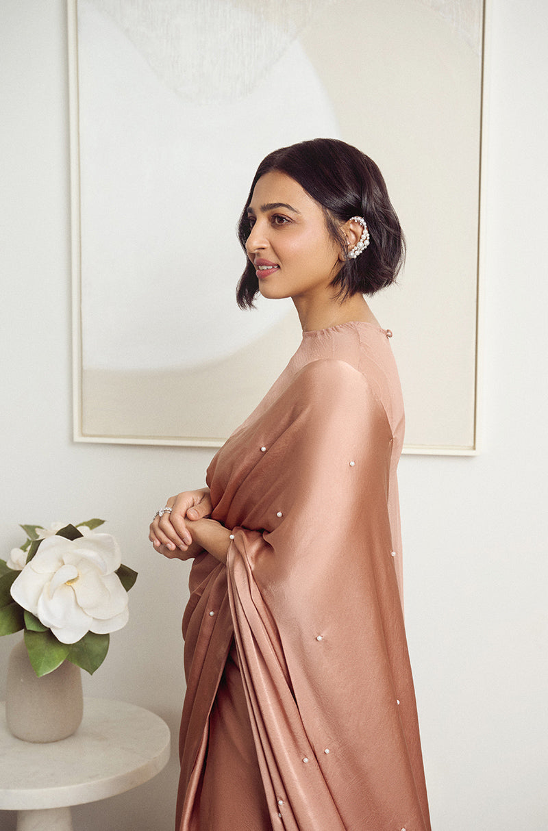 Radhika Apte in our Fawn Satin Embellished Saree Set