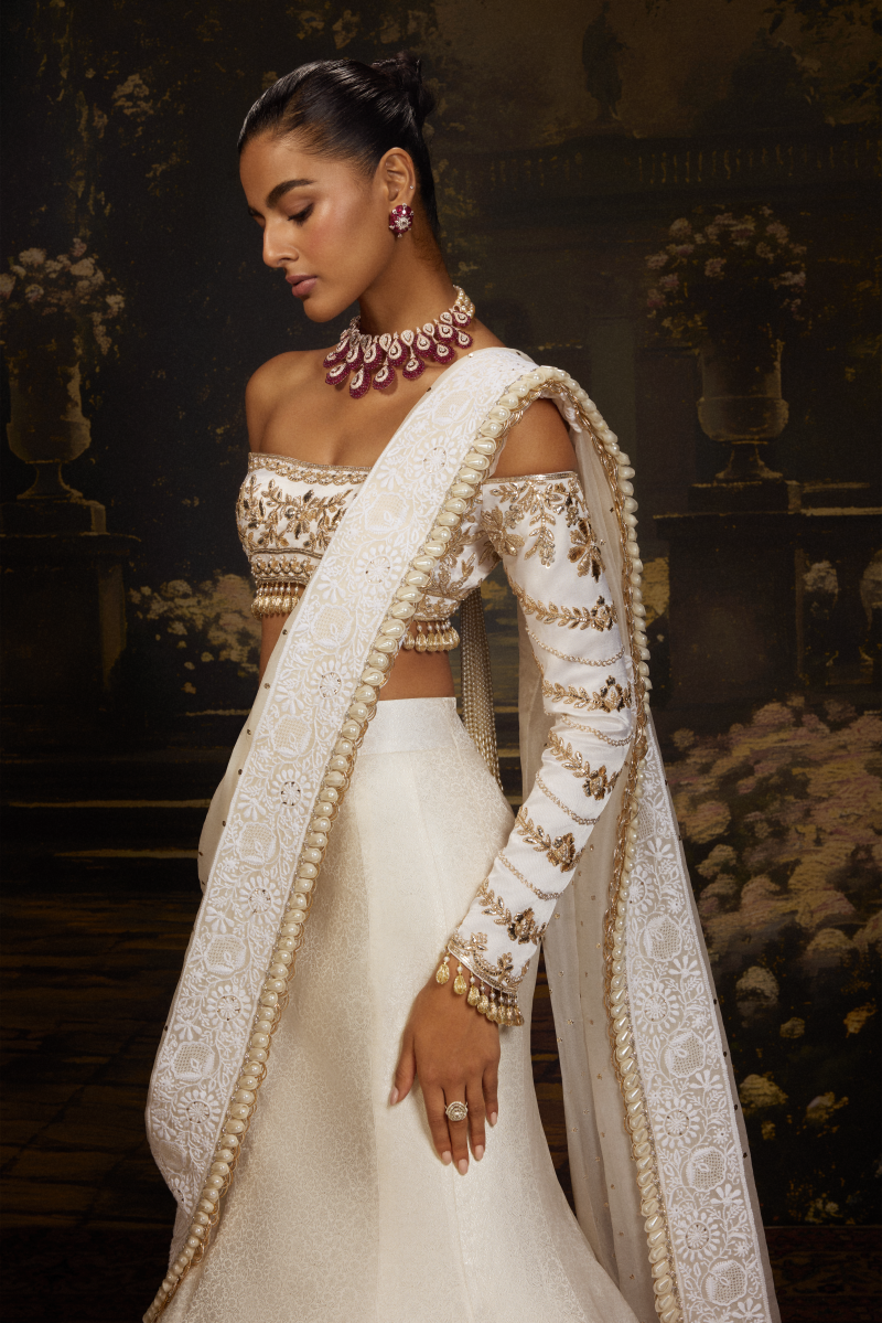 Ivory Silk Embroidered Lehenga Set