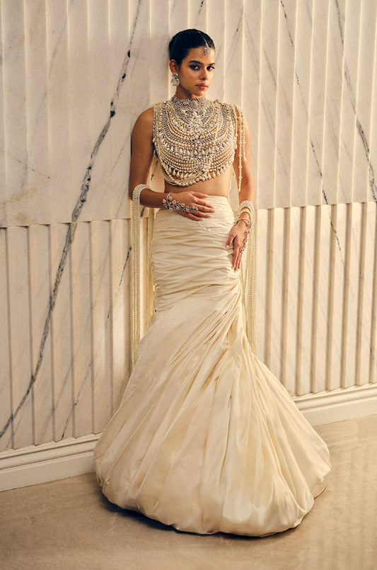 Ivory Silk Draped Swirl Skirt Set