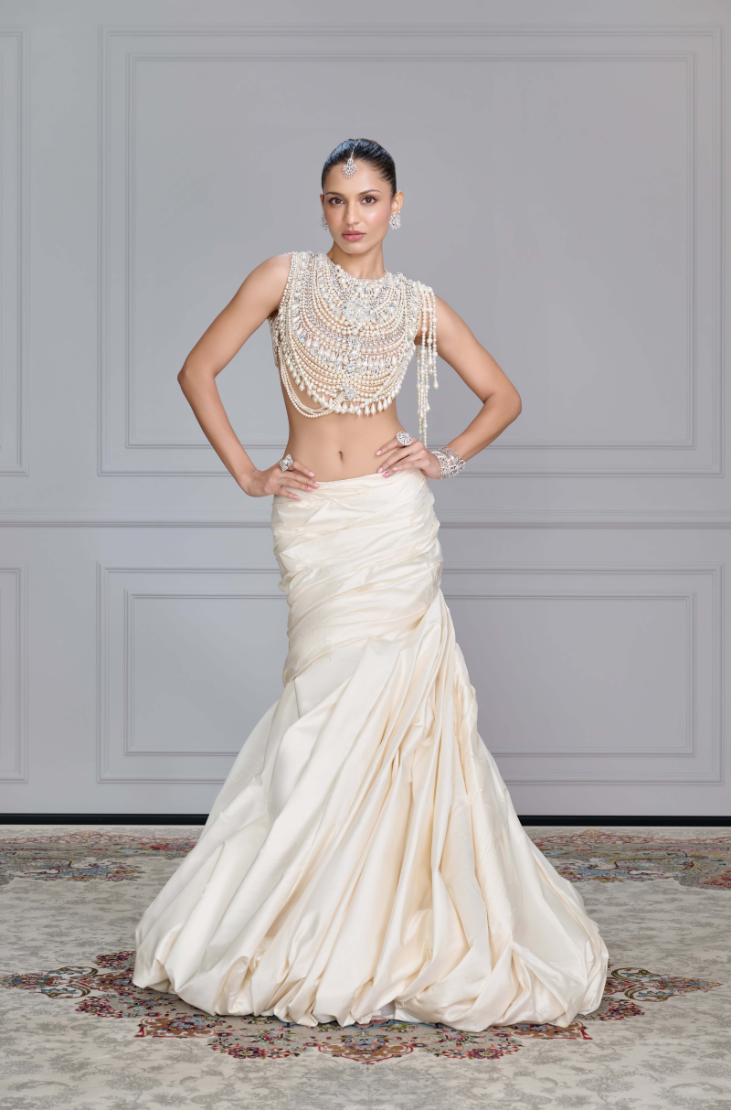 Ivory Silk Draped Swirl Skirt Set