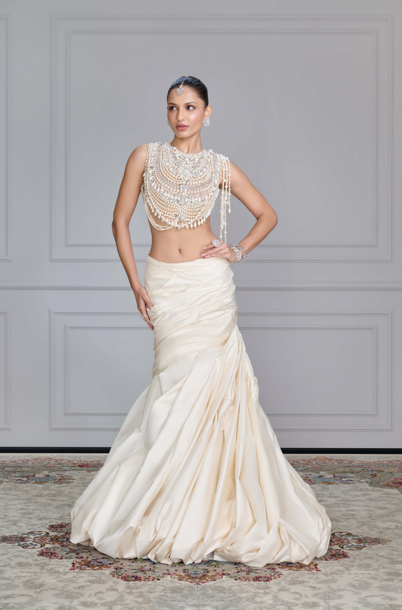 Ivory Silk Draped Swirl Skirt Set