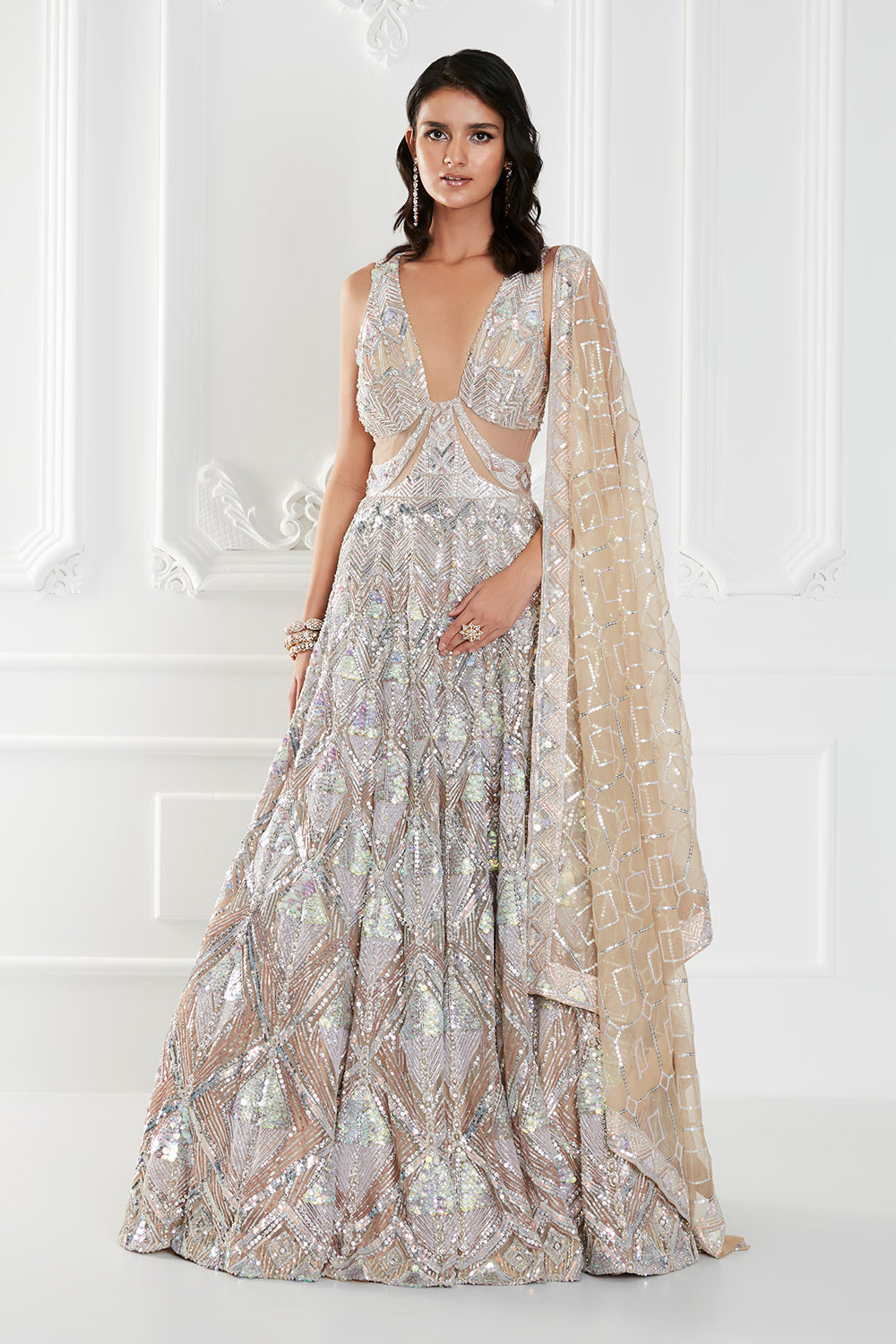 Silver Tulle Sequin Gown