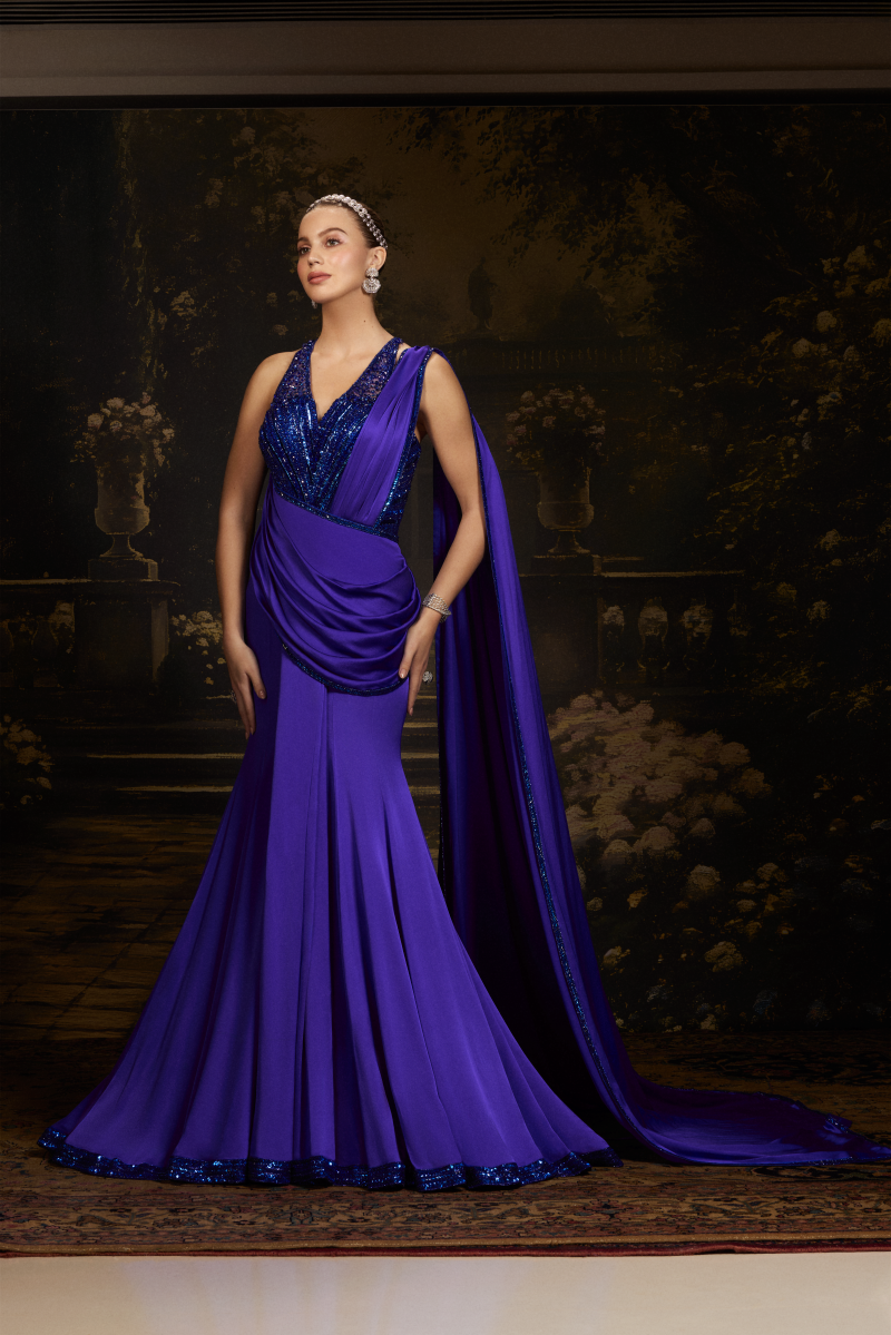 Royal Blue Satin Saree Gown