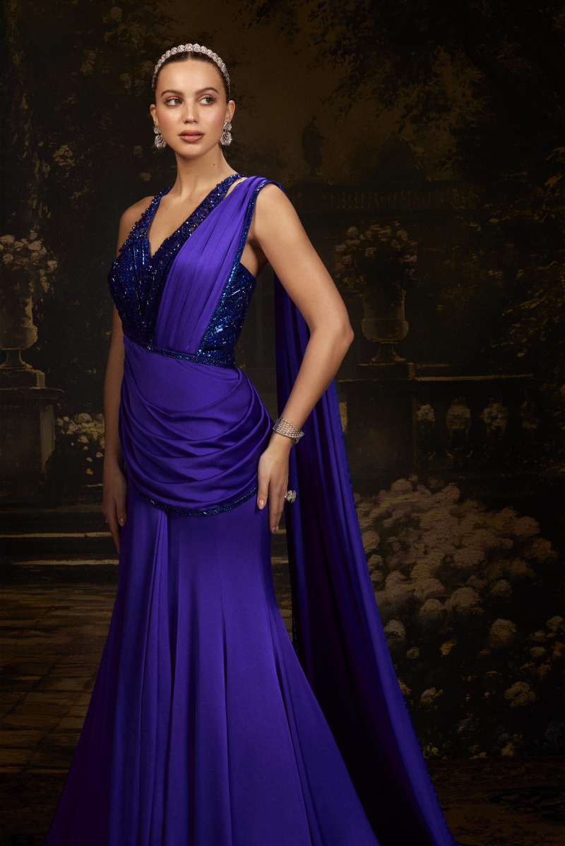 Royal Blue Satin Saree Gown