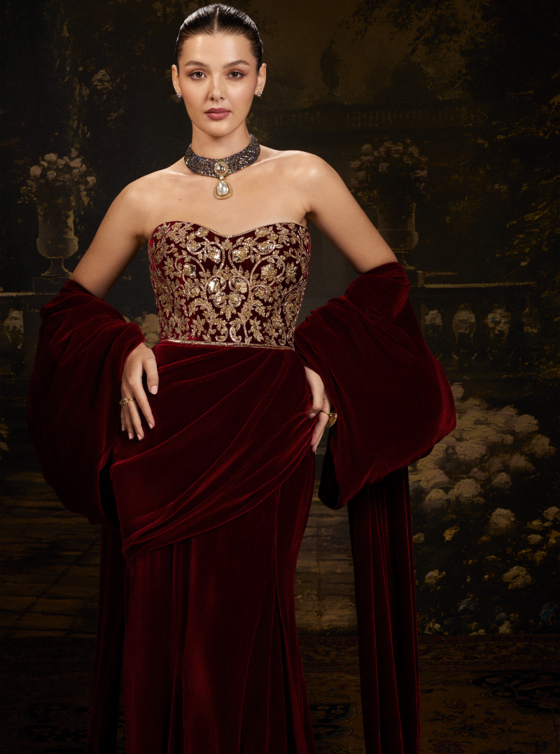 Bordeaux Velvet Draped-Style Gown