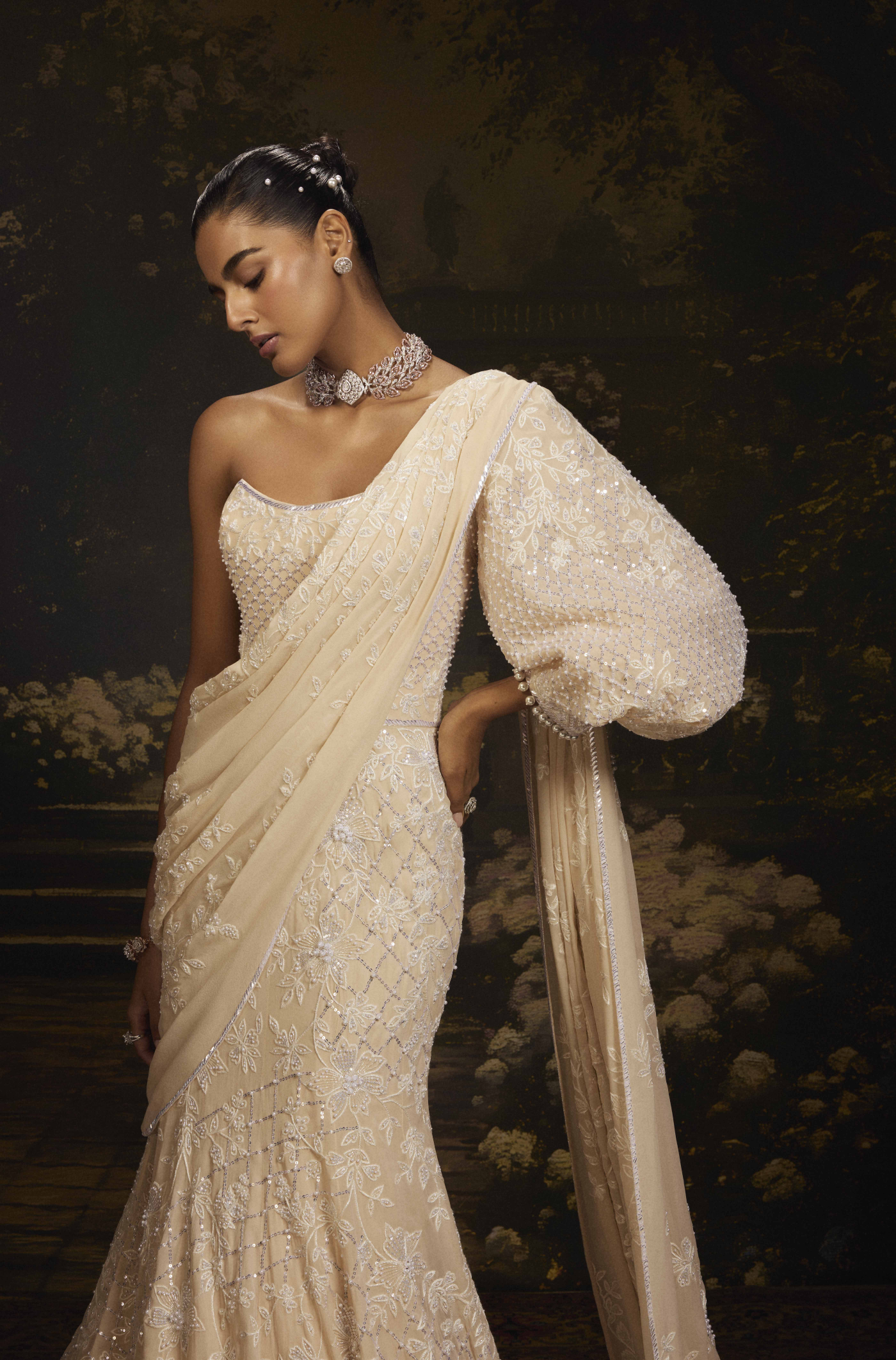 Almond Georgette one-shoulder Gown Saree