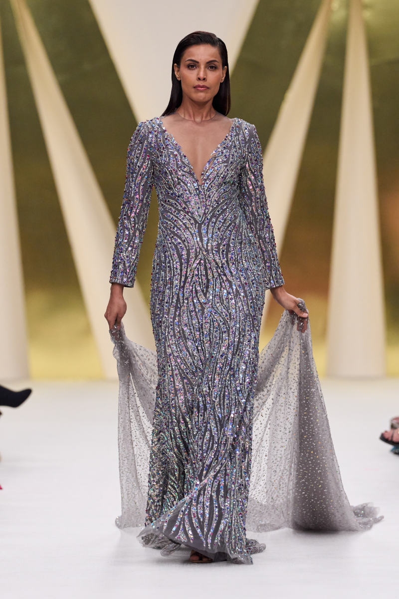 Dark Grey Multi Stone & Sequin Embroidered Gown