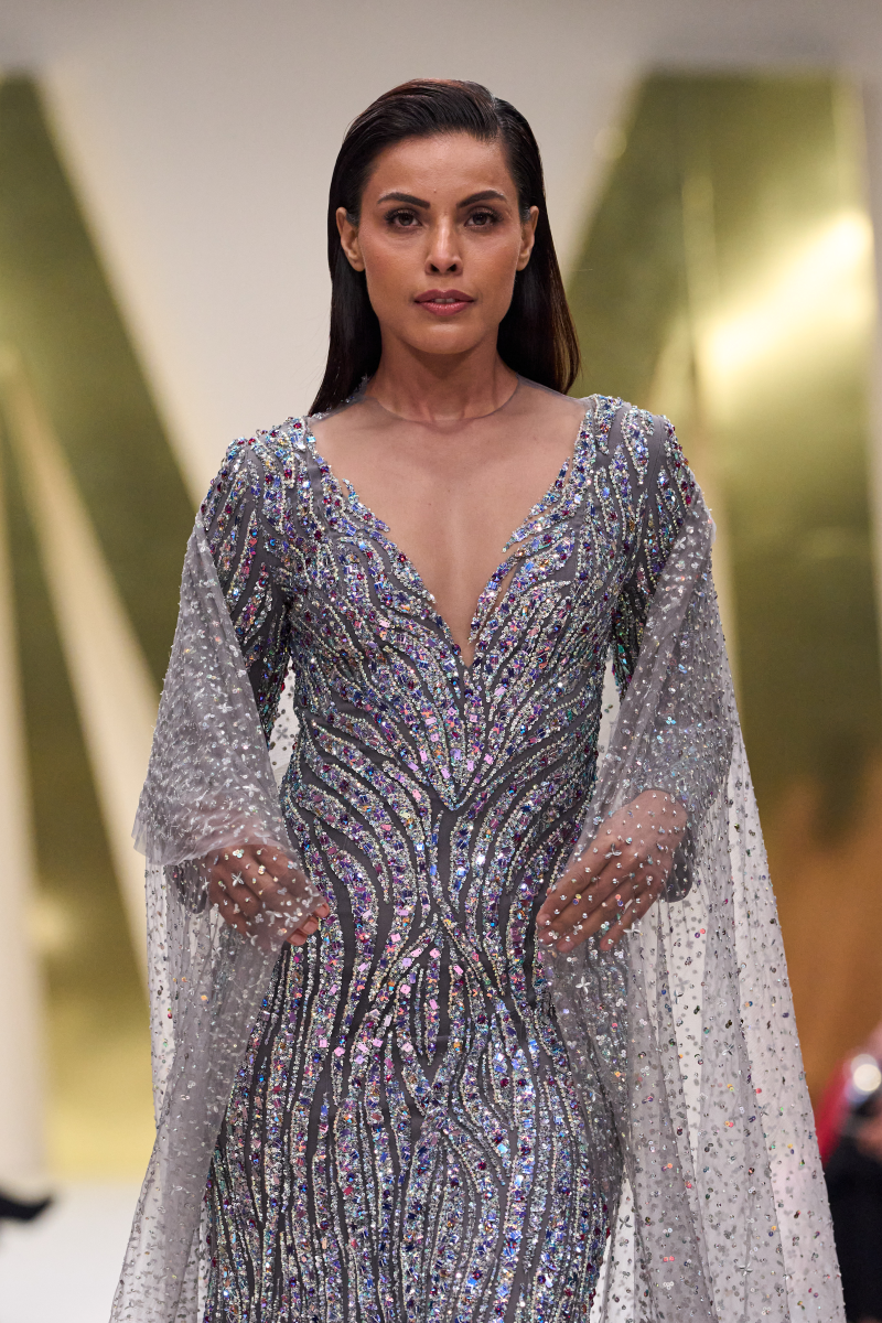 Dark Grey Multi Stone & Sequin Embroidered Gown