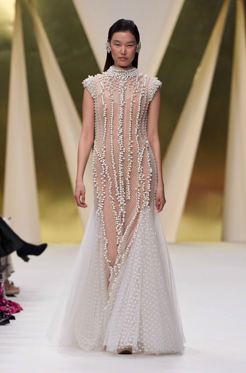 White Pearl Embroidered Tulle Gown