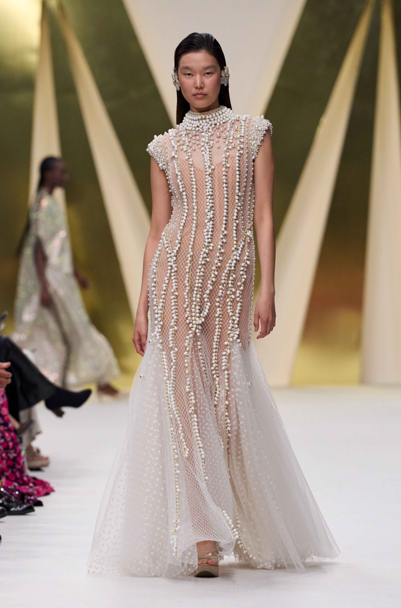 White Pearl Embroidered Tulle Gown