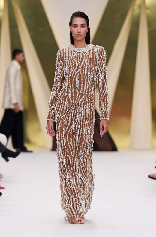 Brown Tulle Pearl Embroidered Gown