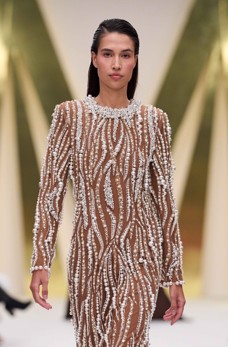 Brown Tulle Pearl Embroidered Gown