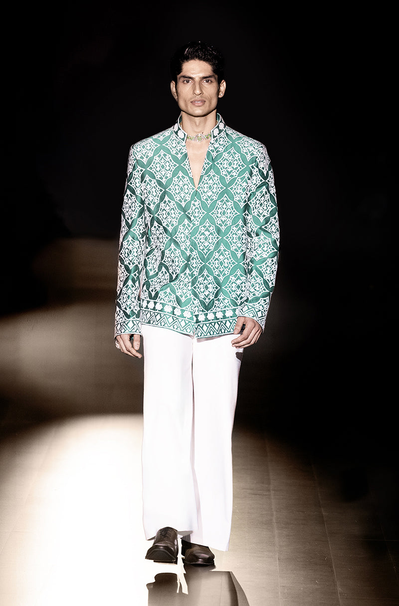 Sea Green & Ivory Mijwan Bandhgala Set