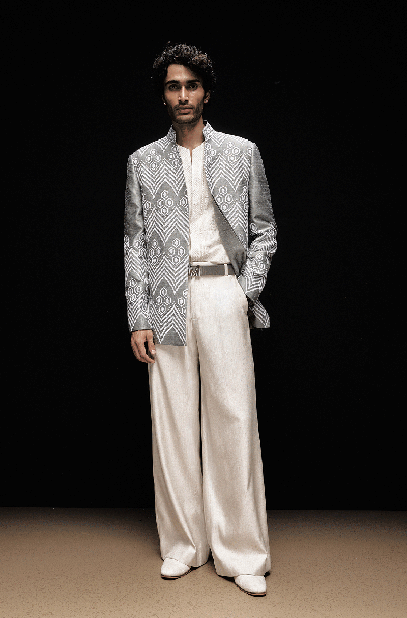Grey with Ivory Embroidered Mijwan Bandhgala Set