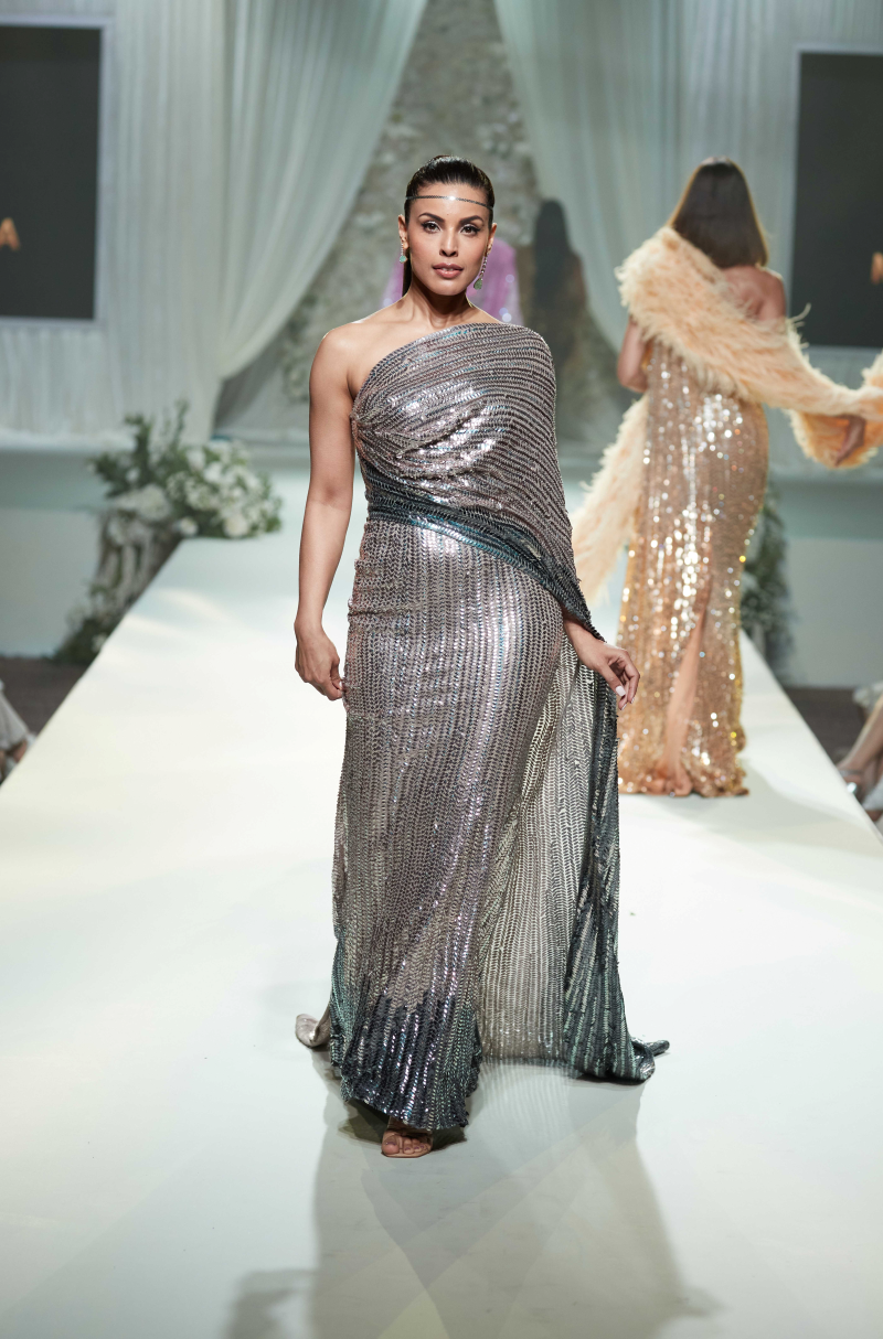Signature Ombre Chiffon Grey Sequin Saree Gown