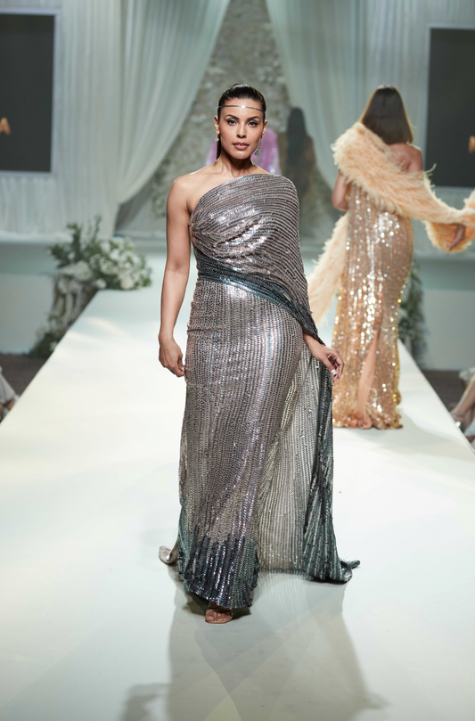 Signature Ombre Chiffon Grey Sequin Saree Gown