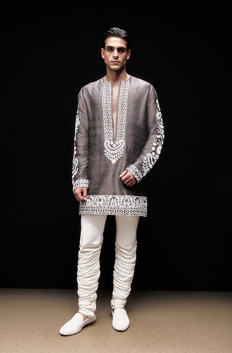 Charcoal Grey with Ivory Mijwan Deep Neck Kurta Set