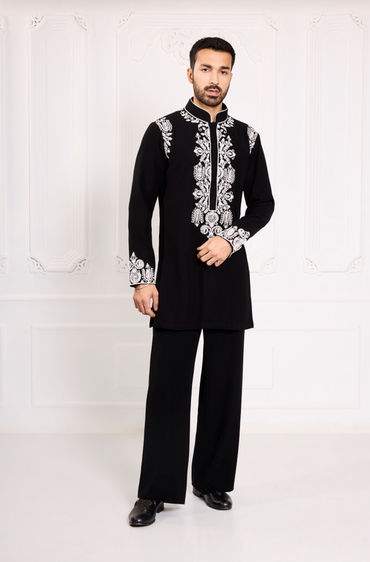 Black with Ivory Dori Embroidered Kurta Set