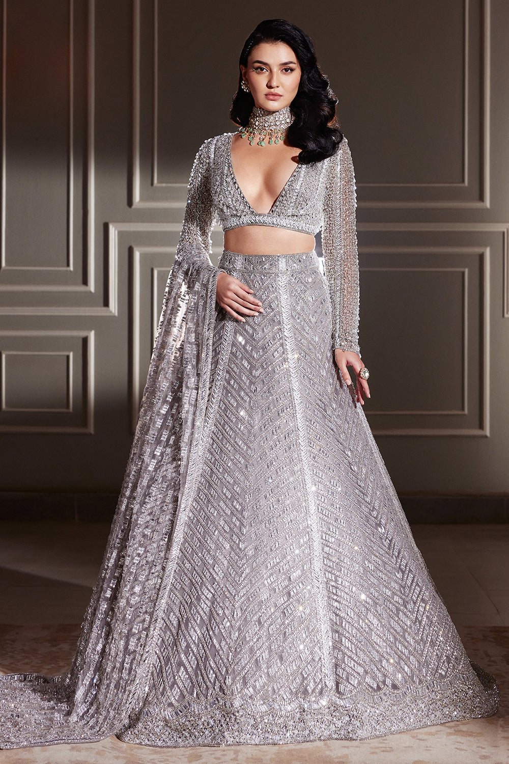 Silver Embellished Tulle Lehenga Set